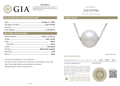 Classic Natural Cultured South Sea Pearl Solitaire Necklace with Platinum Chain
