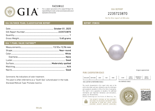 Natural Cultured White South Sea Pearl Pendant in 14K Yellow Gold Chain