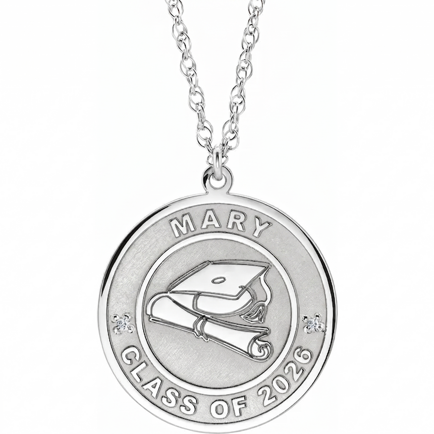 14K Gold Diamond Engravable Graduation Medallion Necklace