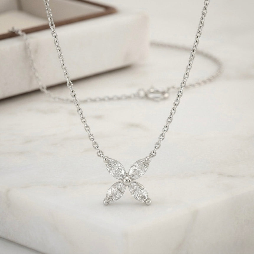 14K White Gold Floral Pendant Necklace | 1/2 CTW Marquise Natural Diamond Cluster