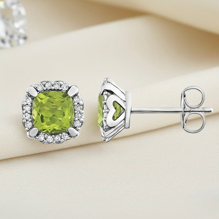 Peridot & Diamond Halo Stud Earrings