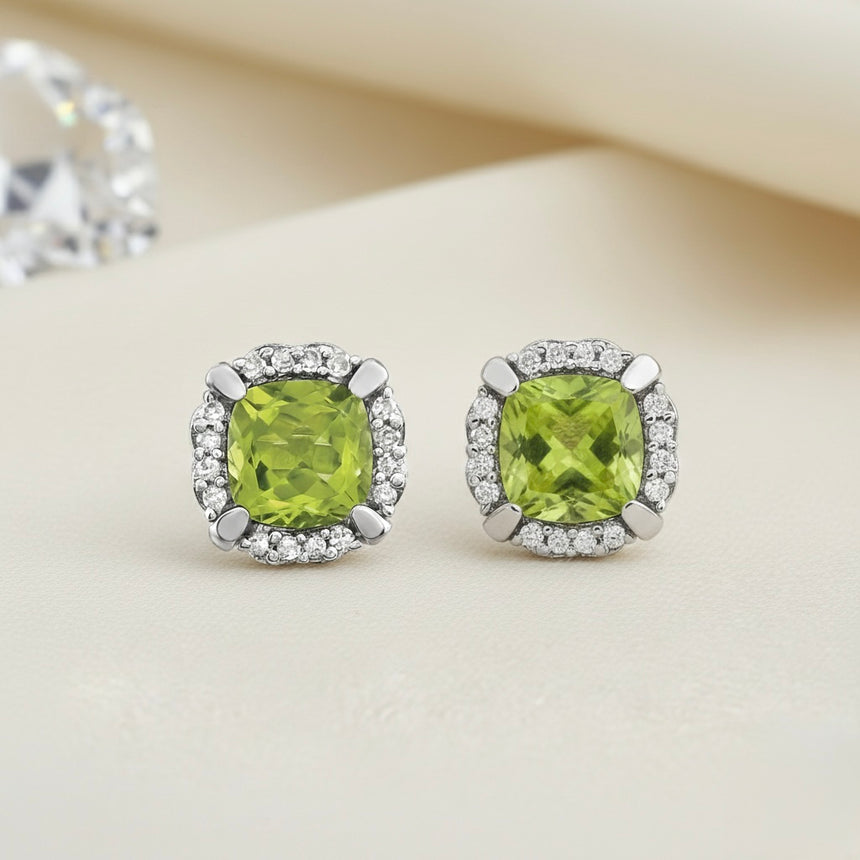 Peridot & Diamond Halo Stud Earrings