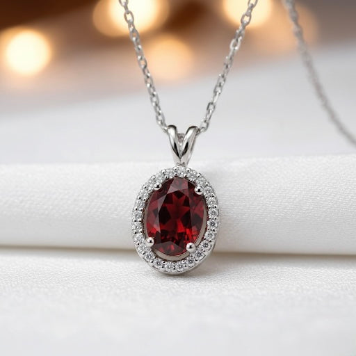14K White Gold Natural Garnet & Diamond Pendant Necklace