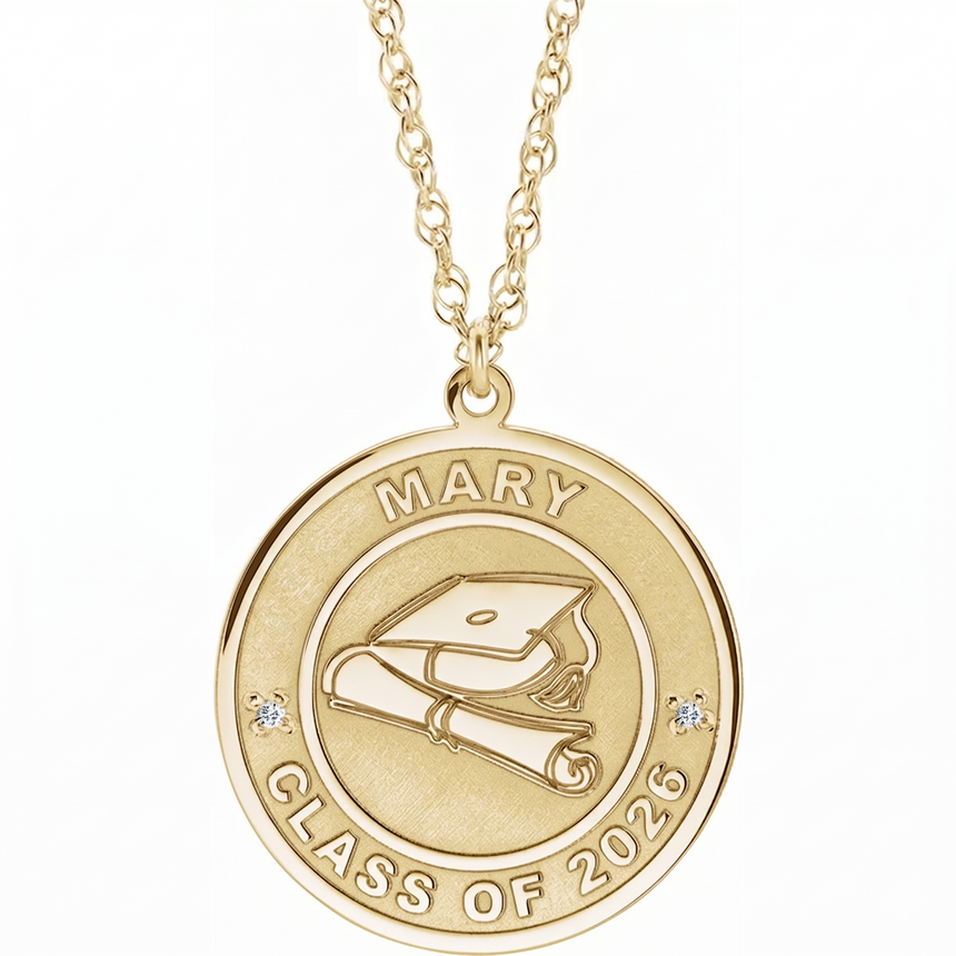 14K Gold Diamond Engravable Graduation Medallion Necklace