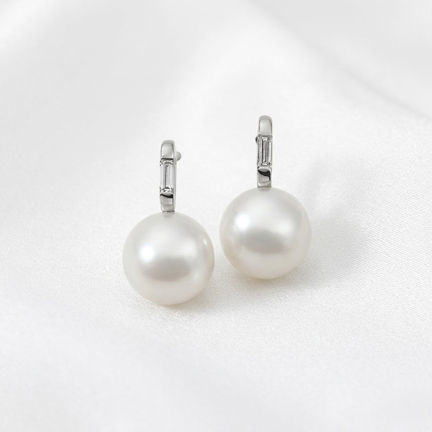 South Sea Pearls Earrings with Natural Diamond Straight Baguettes
