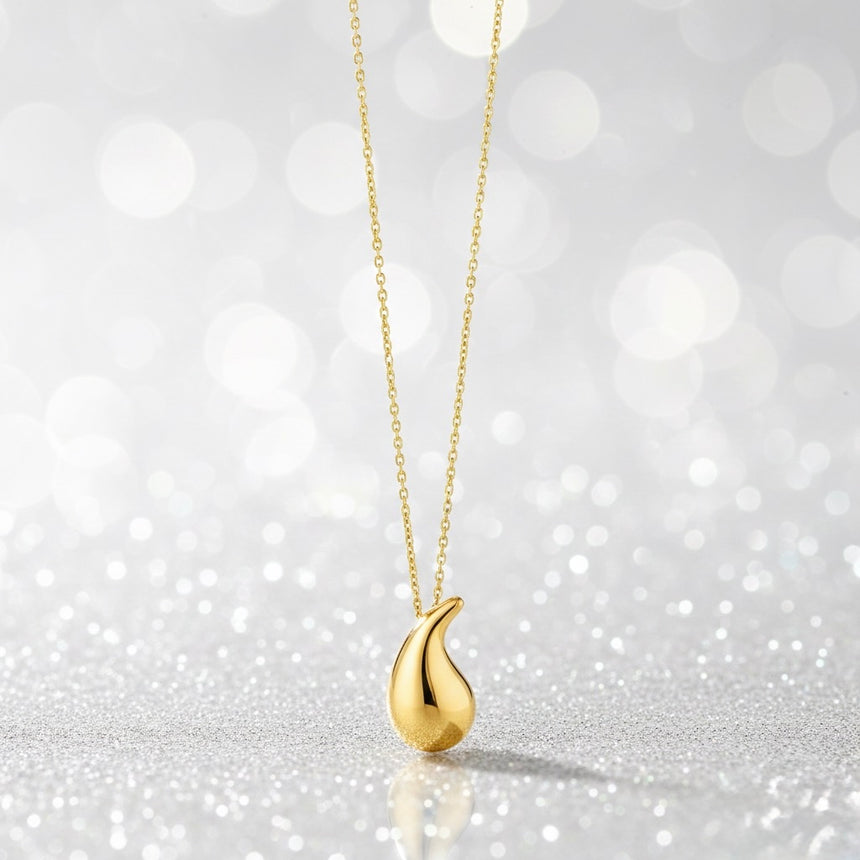 18K Yellow Gold Puffed Teardrop Necklace – Italian Made, 18-Inch Chain