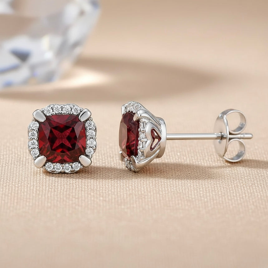 14K White Gold Mozambique Garnet & Diamond Stud Earrings
