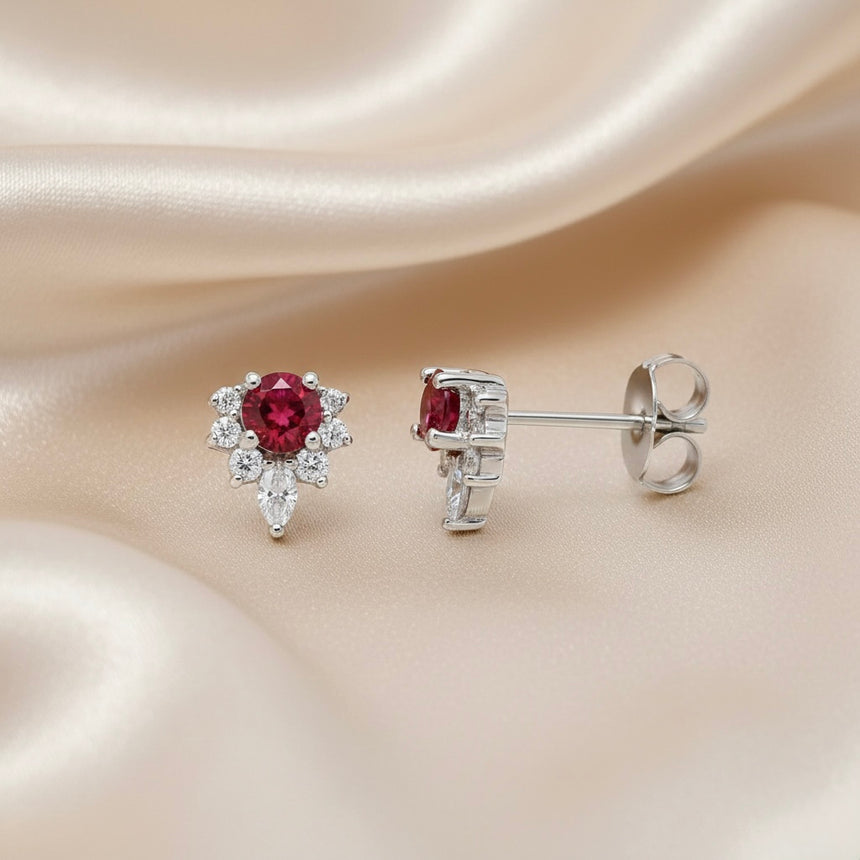 Natural Garnet and Diamond Cluster Earrings in 14K White Gold