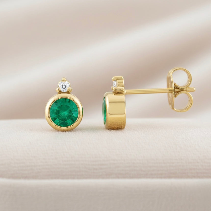 14K Yellow Gold 4mm Natural Emerald & 0.03 ct TW Diamond Stud Earrings