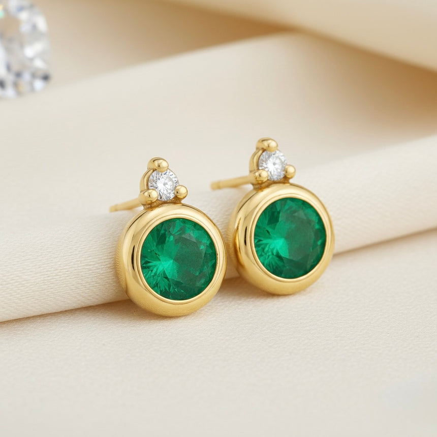 14K Yellow Gold 4mm Natural Emerald & 0.03 ct TW Diamond Stud Earrings