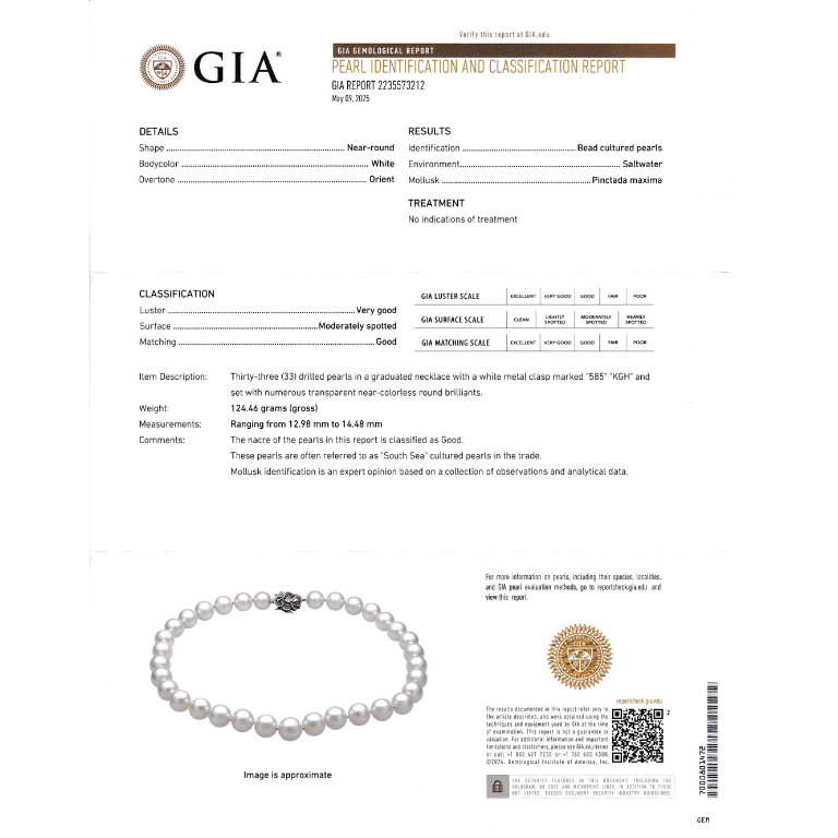 GIA Identification Report for 12.98mm to 14.48mm South Sea Pearl Strand