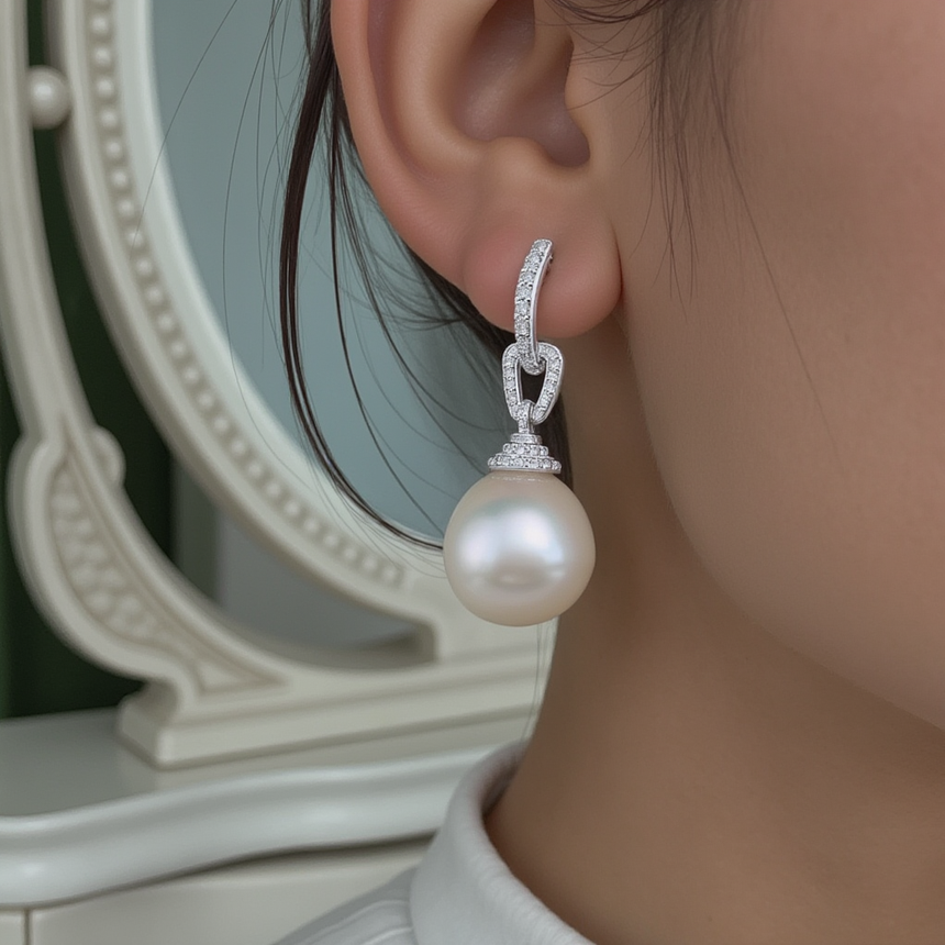 Beautiful Cultured South Sea Pearl & Diamond Earrings
